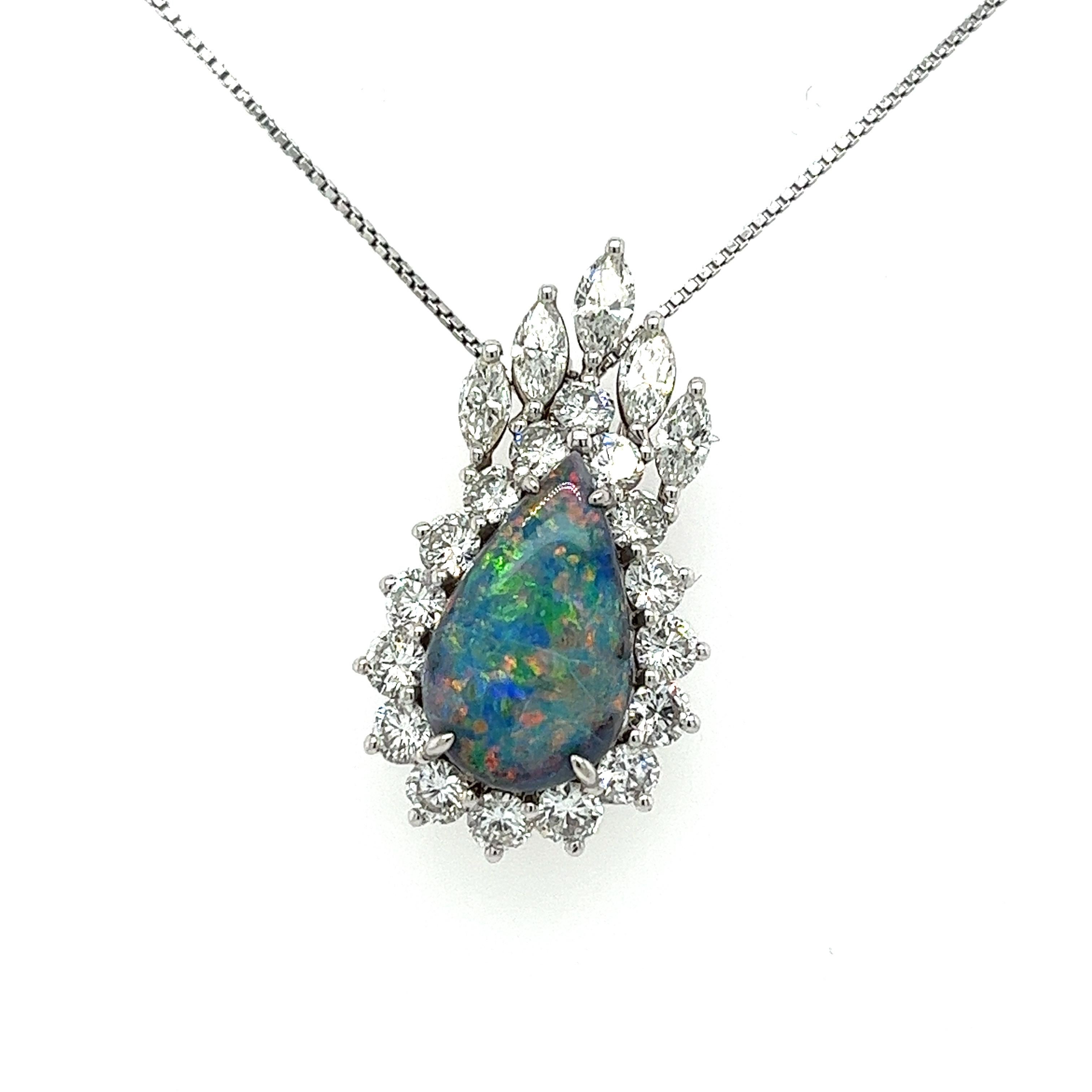 Drop Shaped Black Opal W/ Marquise & Round Cut Diamond Halo Pendant or Brooch In Excellent Condition For Sale In Miami, FL