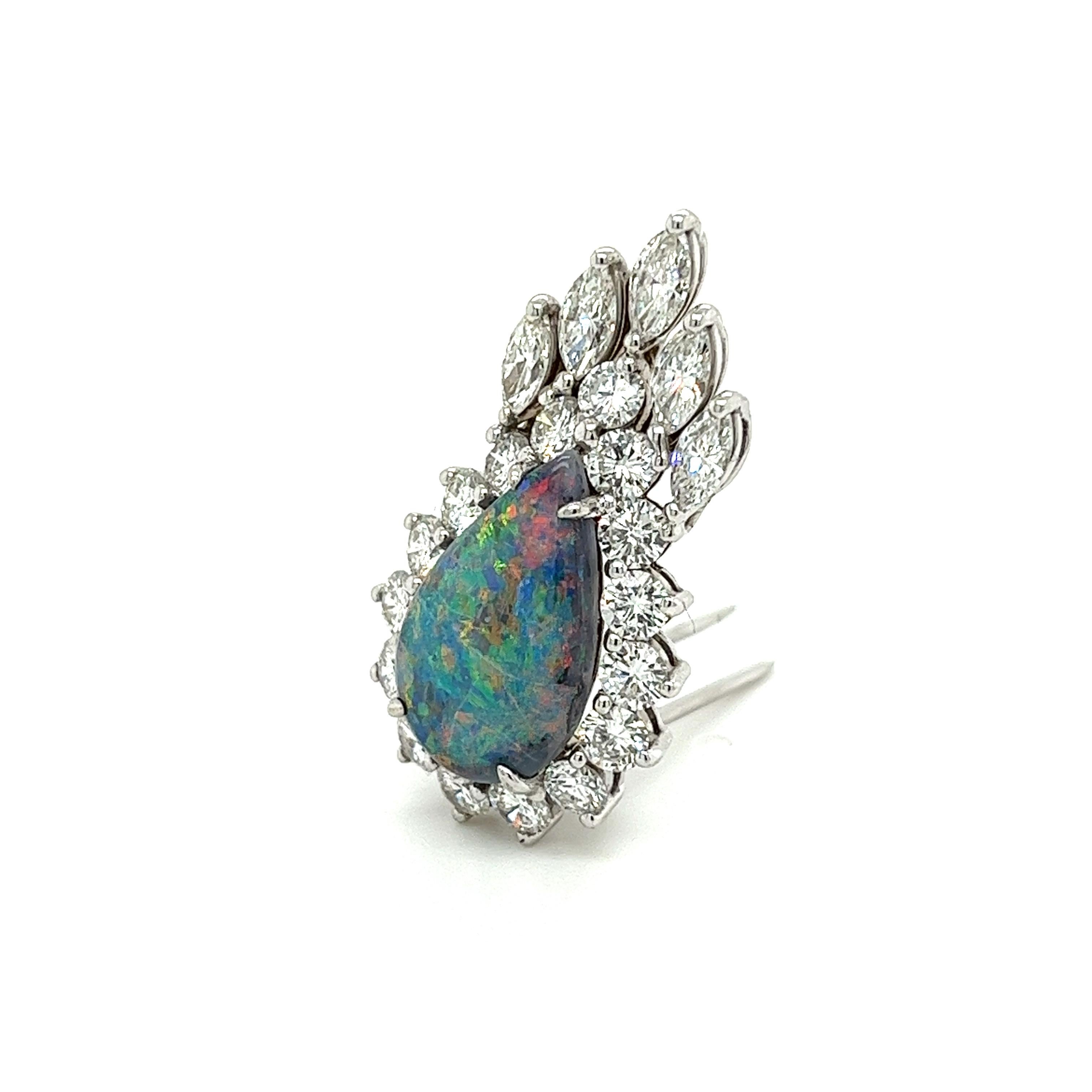 Drop Shaped Black Opal W/ Marquise & Round Cut Diamond Halo Pendant or Brooch For Sale 1