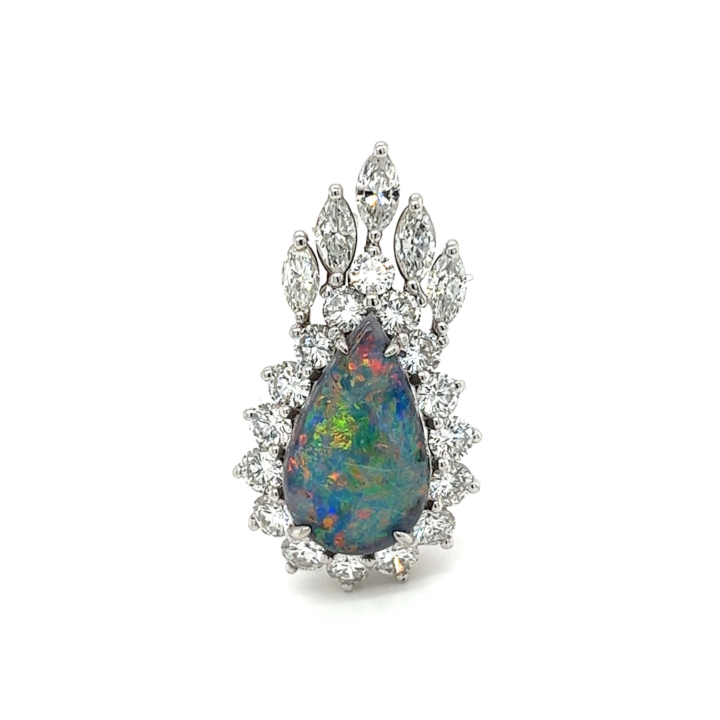 Drop Shaped Black Opal W/ Marquise & Round Cut Diamond Halo Pendant or Brooch For Sale 2