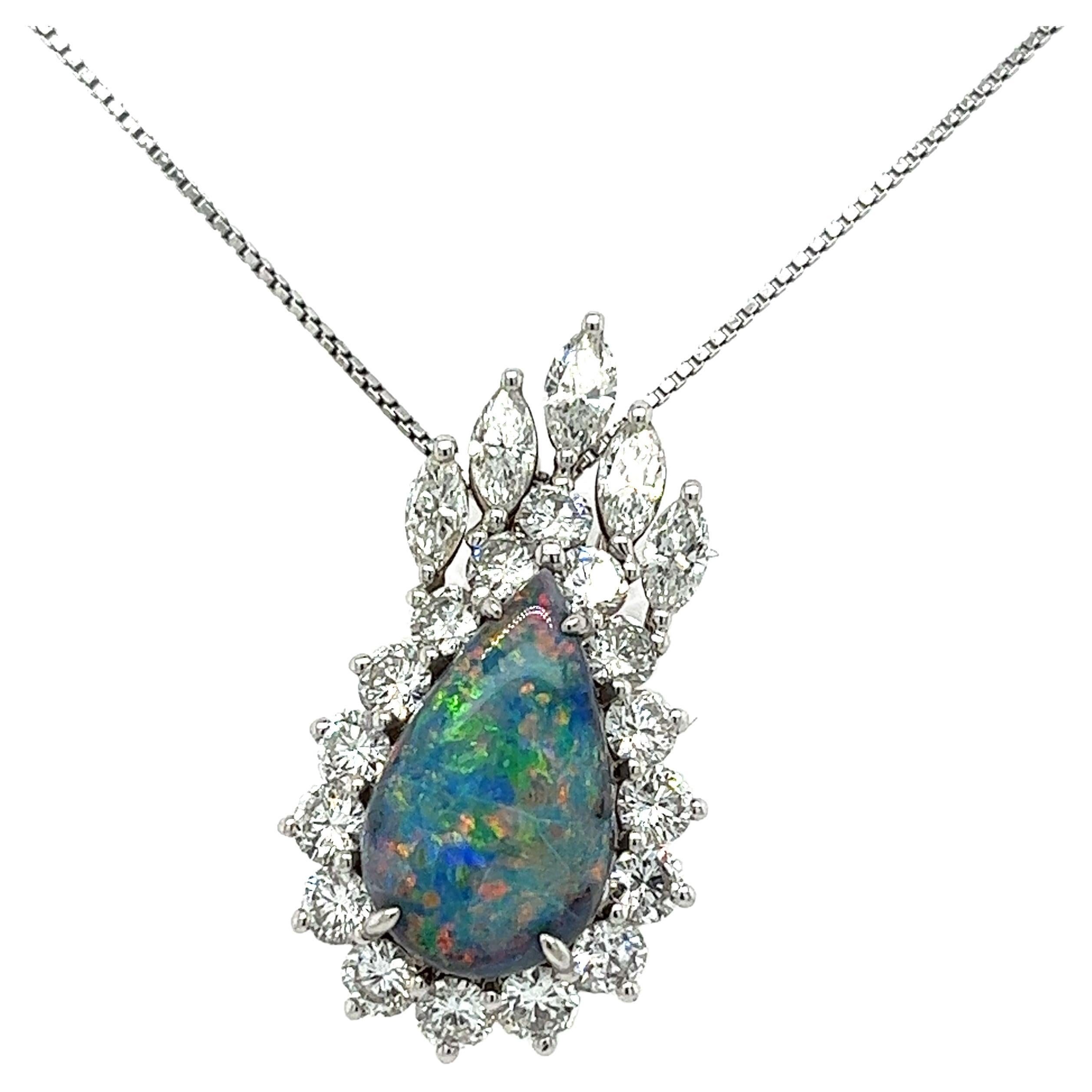 Drop Shaped Black Opal W/ Marquise & Round Cut Diamond Halo Pendant or Brooch For Sale