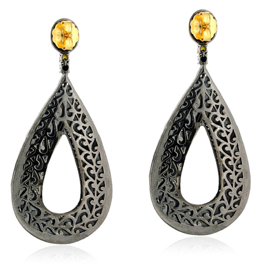 Modern Drop Shaped Brown Enamel Earring with Diamonds in 18k Gold and Silver For Sale