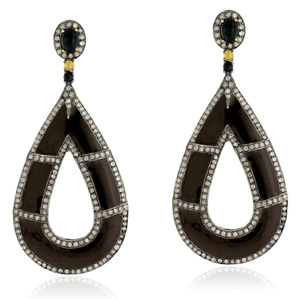 Round Cut Drop Shaped Brown Enamel Earring with Diamonds in 18k Gold and Silver For Sale