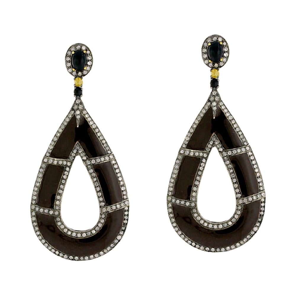 Drop Shaped Brown Enamel Earring with Diamonds in 18k Gold and Silver For Sale