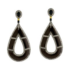 Drop Shaped Brown Enamel Earring with Diamonds in 18k Gold and Silver