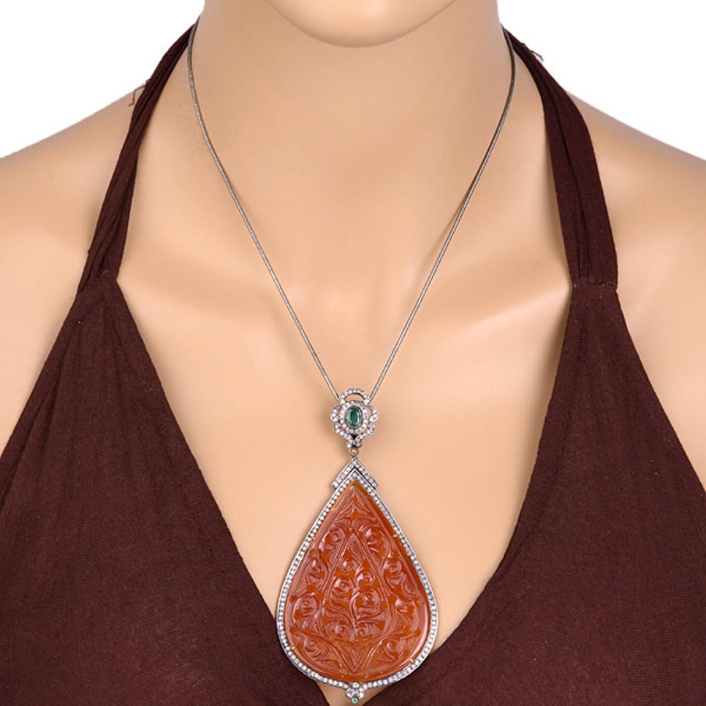 Art Deco Drop Shaped Carved Agate With Emerald & Pave Diamonds Made In 18k Gold & Silver