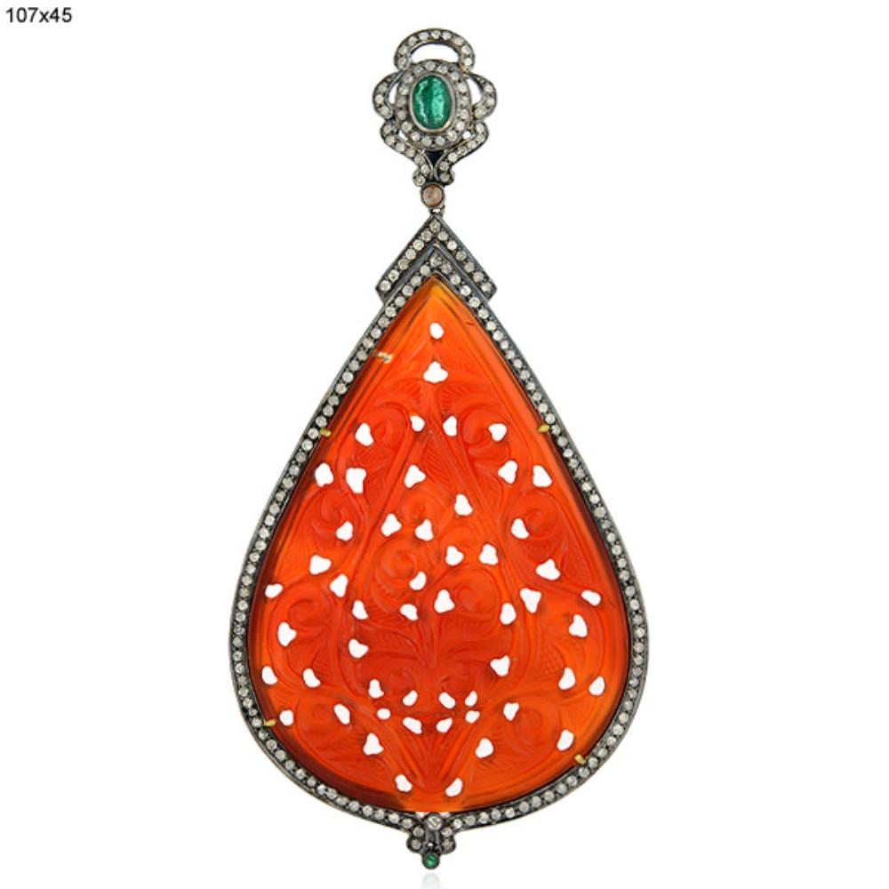 Drop Shaped Carved Agate With Emerald & Pave Diamonds Made In 18k Gold & Silver In New Condition In New York, NY