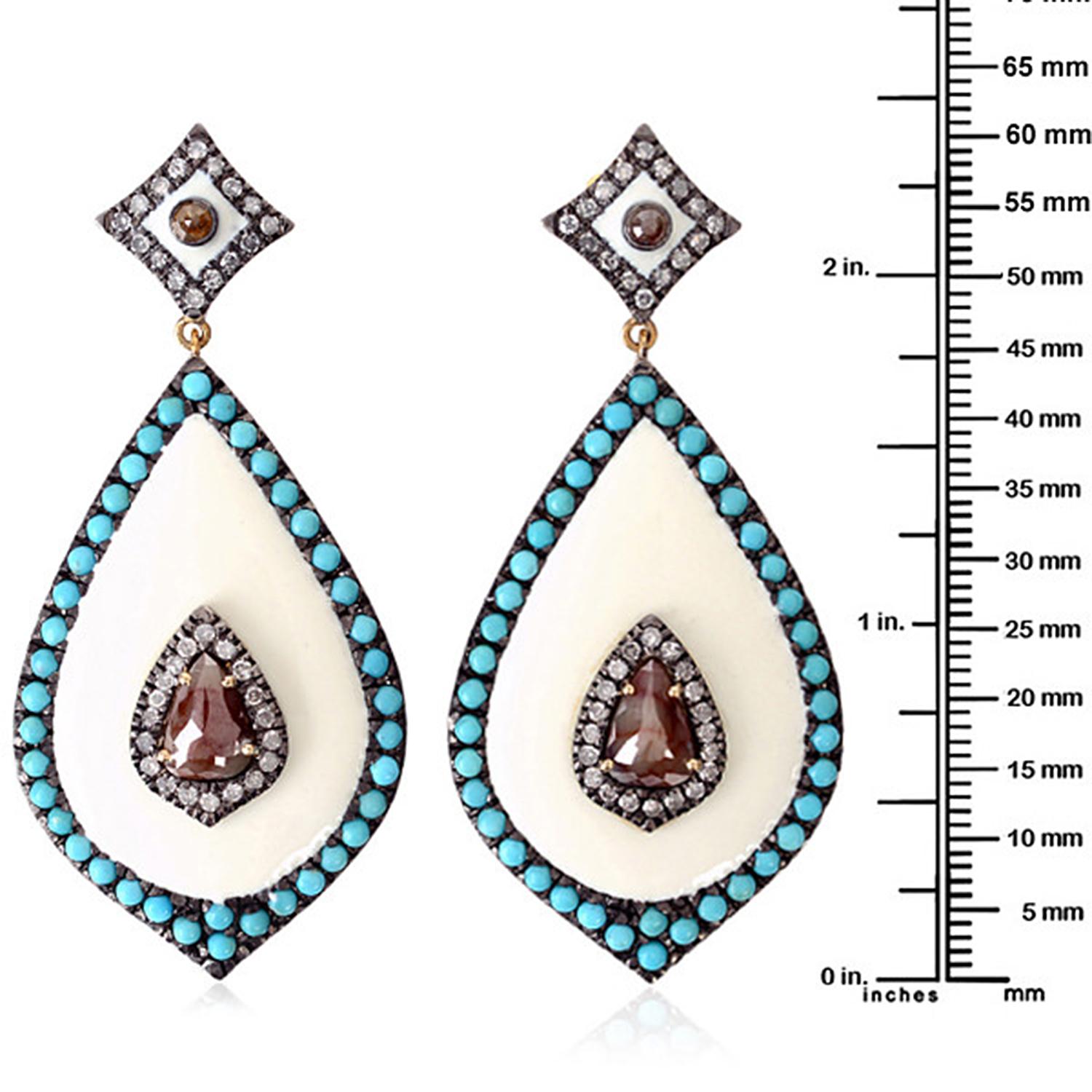 Mixed Cut Drop Shaped Earring with Enamel & Ice Diamond Surrounded by Pave Turquoise For Sale