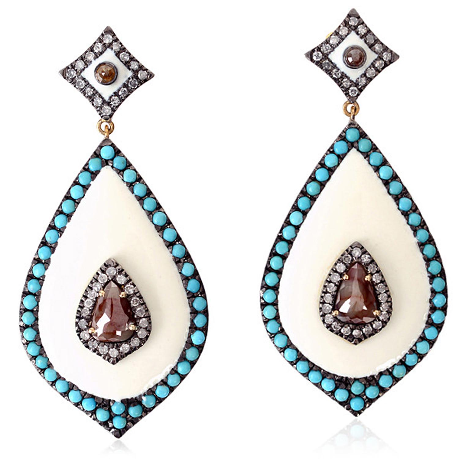 Drop Shaped Earring with Enamel & Ice Diamond Surrounded by Pave Turquoise In New Condition For Sale In New York, NY