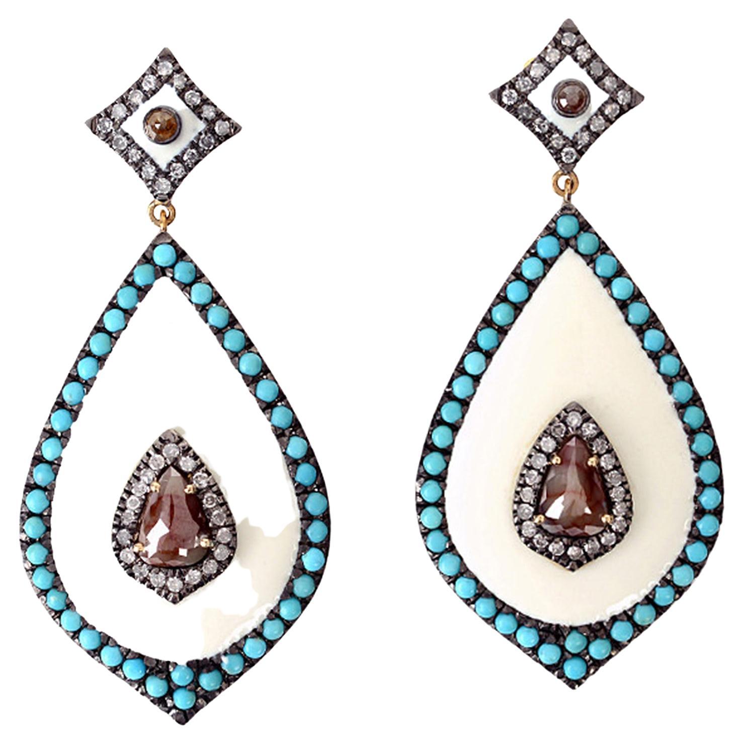 Drop Shaped Earring with Enamel & Ice Diamond Surrounded by Pave Turquoise For Sale