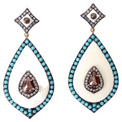 Drop Shaped Earring with Enamel & Ice Diamond Surrounded by Pave Turquoise