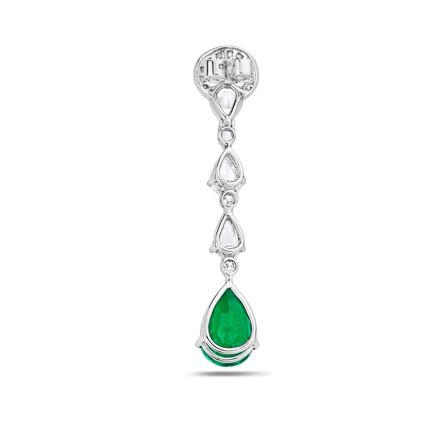Contemporary Pear Drop Shaped Zambin Emerald Earrings with Fancy Diamonds In 14k White Gold For Sale
