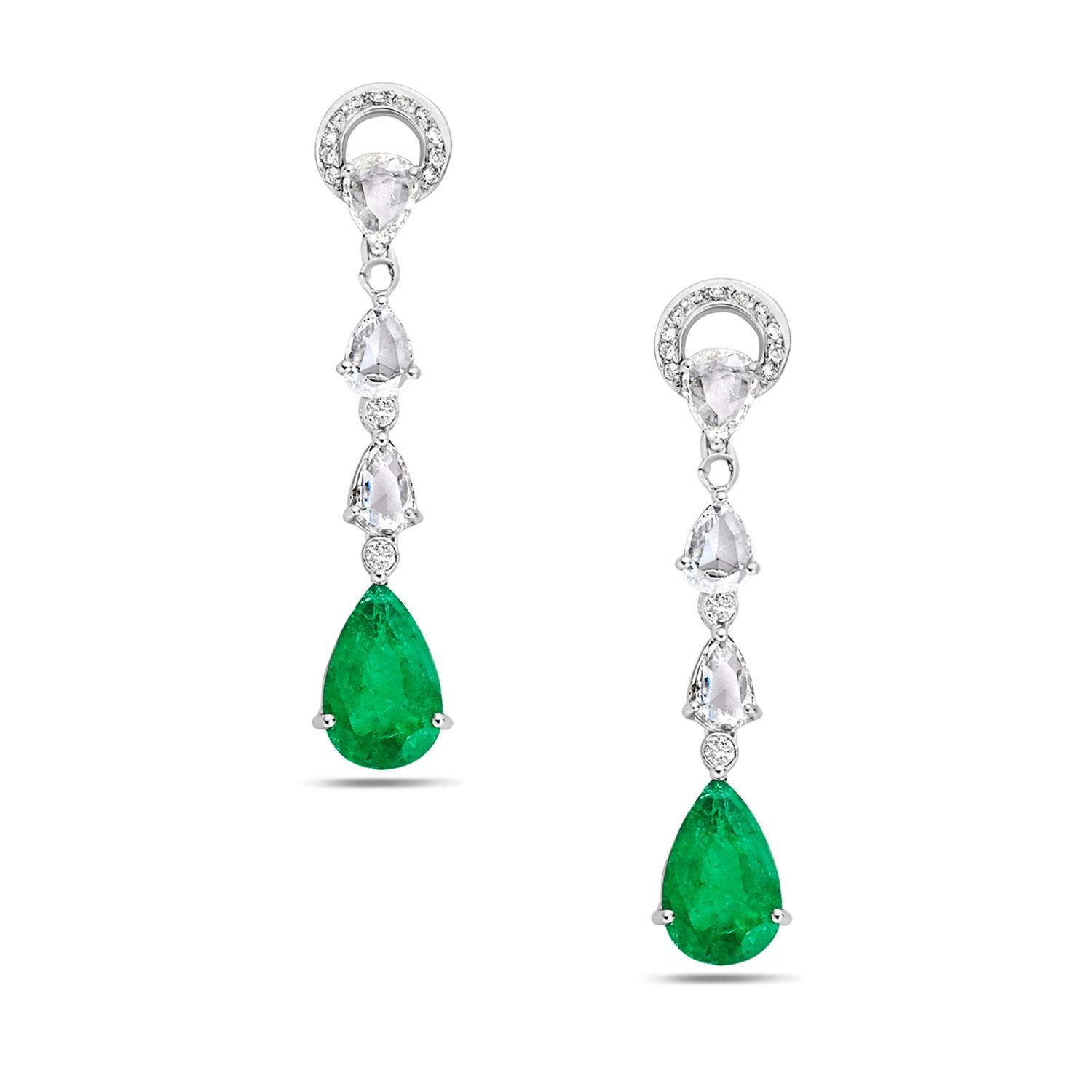 Mixed Cut Pear Drop Shaped Zambin Emerald Earrings with Fancy Diamonds In 14k White Gold For Sale