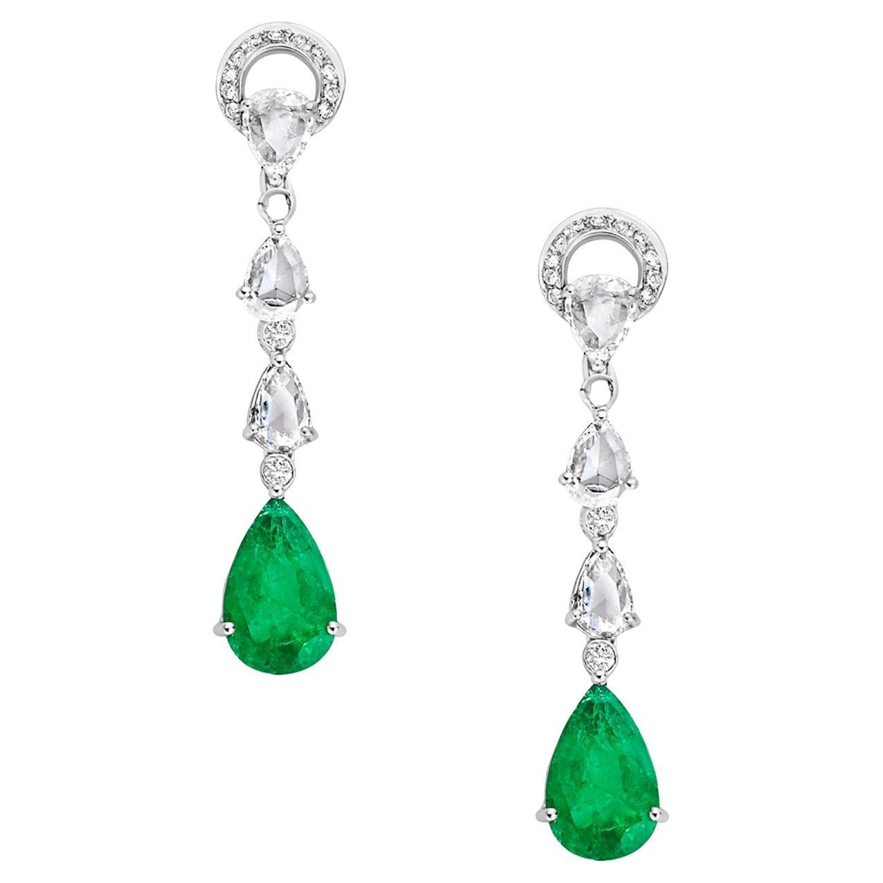 Pear Drop Shaped Zambin Emerald Earrings with Fancy Diamonds In 14k White Gold For Sale