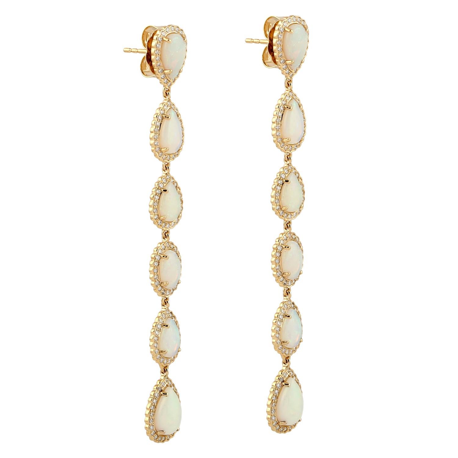 Artisan Drop Shaped Ethiopian Opal Long Earrings With Pave Diamonds In 18k Yellow Gold For Sale