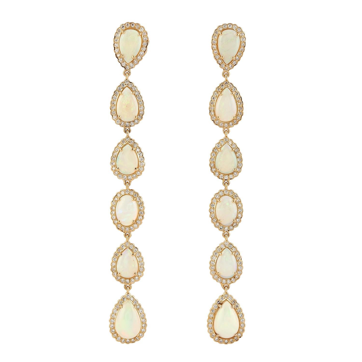 Mixed Cut Drop Shaped Ethiopian Opal Long Earrings With Pave Diamonds In 18k Yellow Gold For Sale