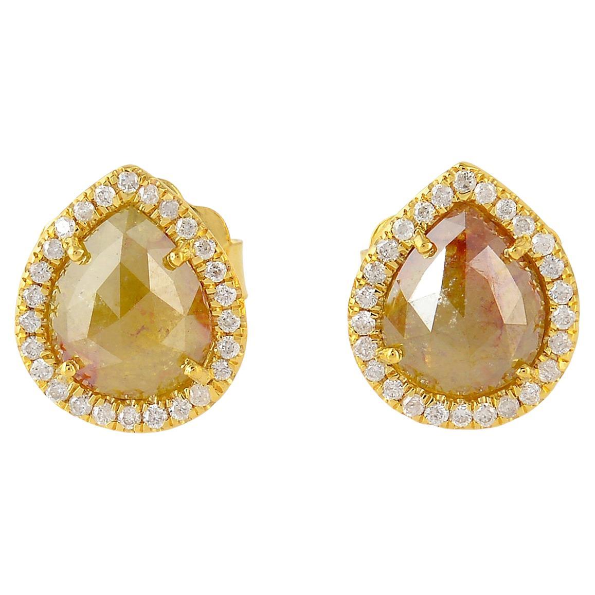Drop Shaped Ice Diamond Stud Earring with Pave Diamond in 18k Yellow Gold For Sale