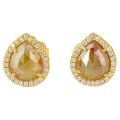 Drop Shaped Ice Diamond Stud Earring with Pave Diamond in 18k Yellow Gold