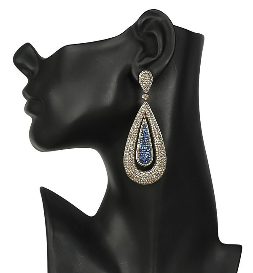 Artisan Drop Shaped Pave Blue Sapphire & Diamonds Dangle Earrings in 14k Gold & Silver For Sale