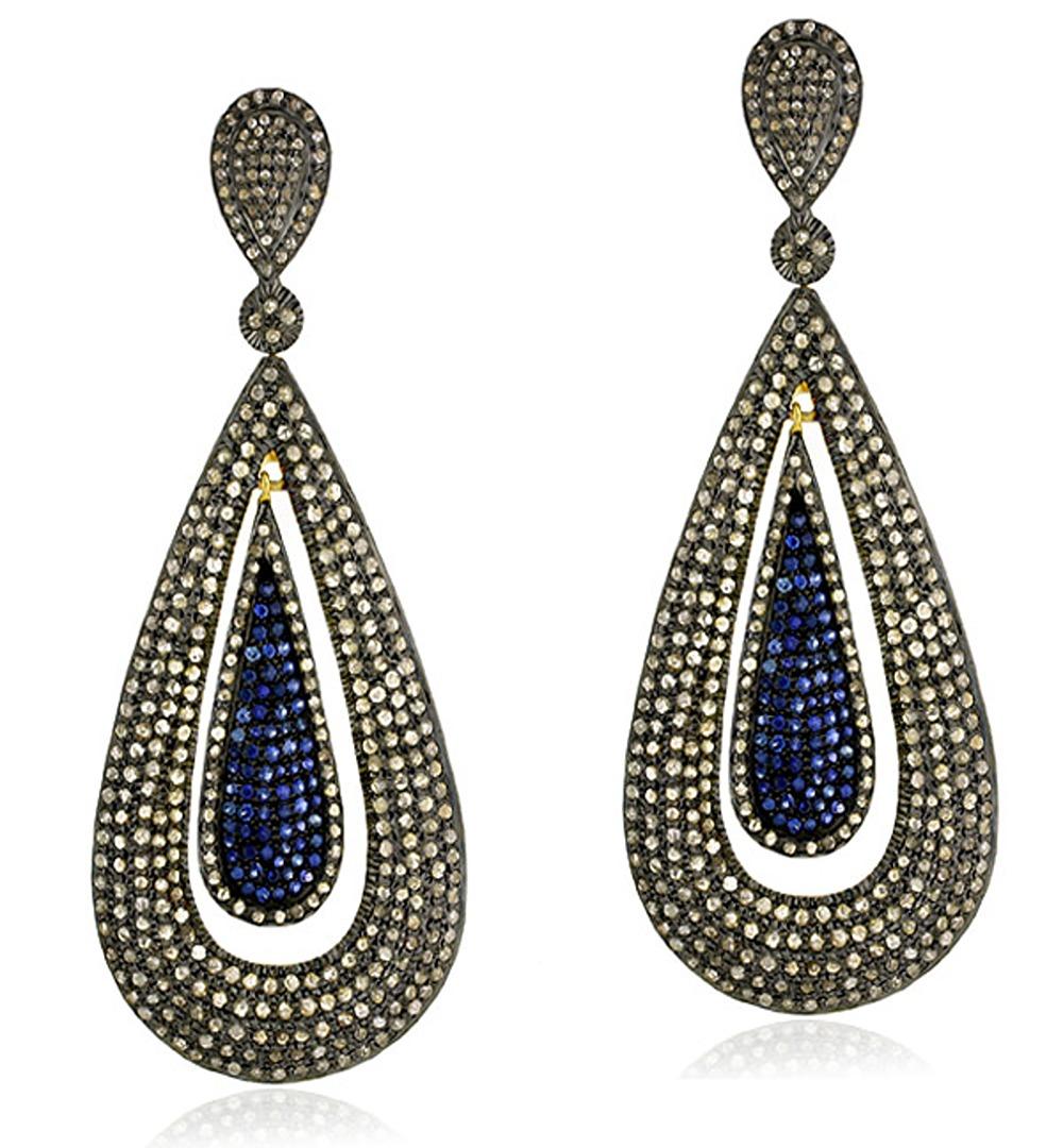 Mixed Cut Drop Shaped Pave Blue Sapphire & Diamonds Dangle Earrings in 14k Gold & Silver For Sale