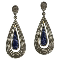 Drop Shaped Pave Blue Sapphire & Diamonds Dangle Earrings in 14k Gold & Silver