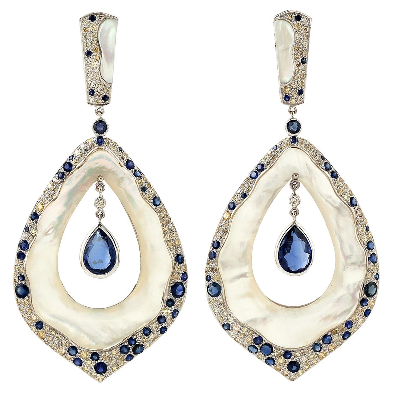 Drop Shaped Pearl & Multi Gemstone Dangle Earring with Diamonds in 18k Gold