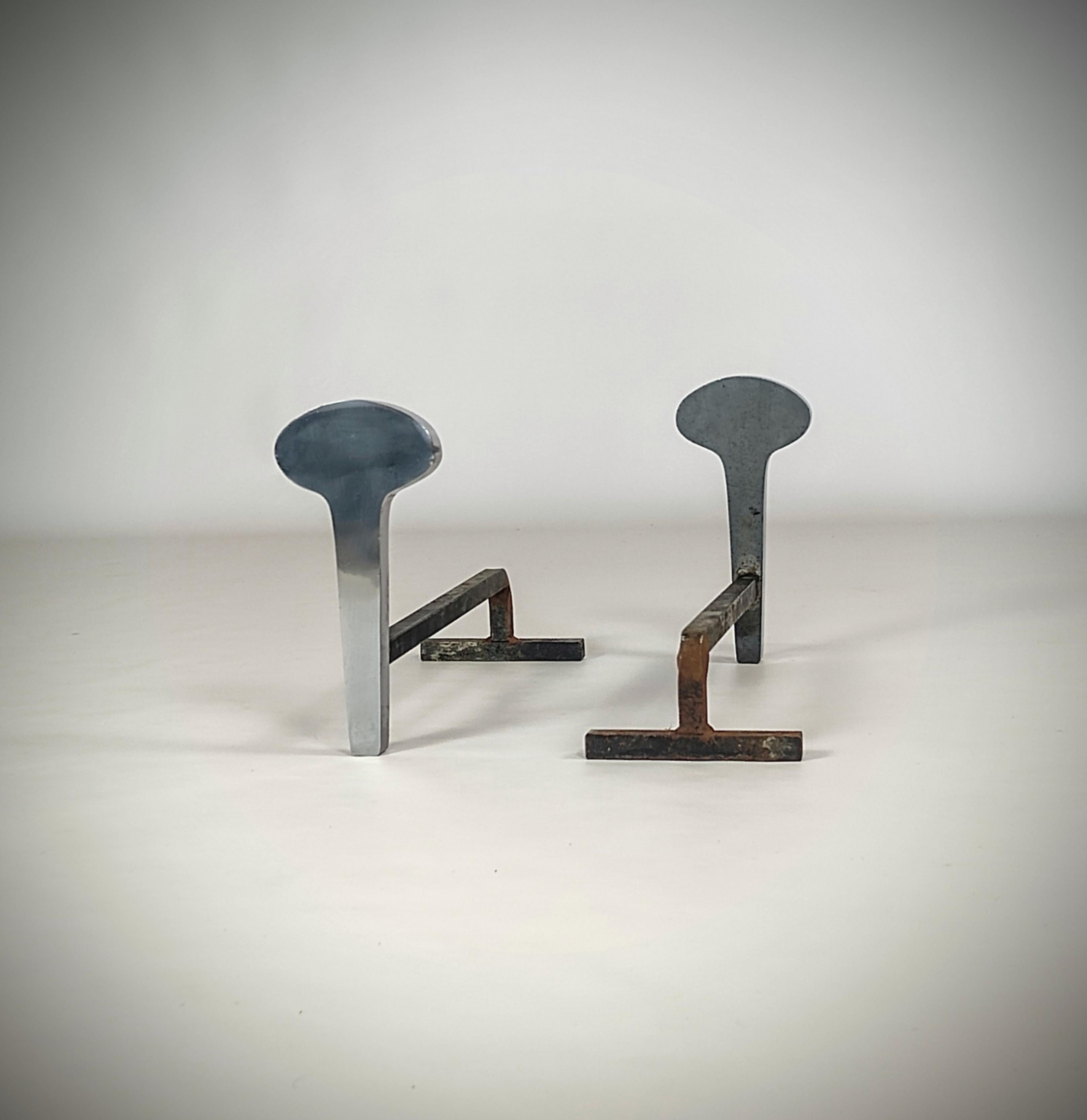 French Drop Shaped Stainless Steel Andirons by Jean-Paul Créations, France, 1970s For Sale