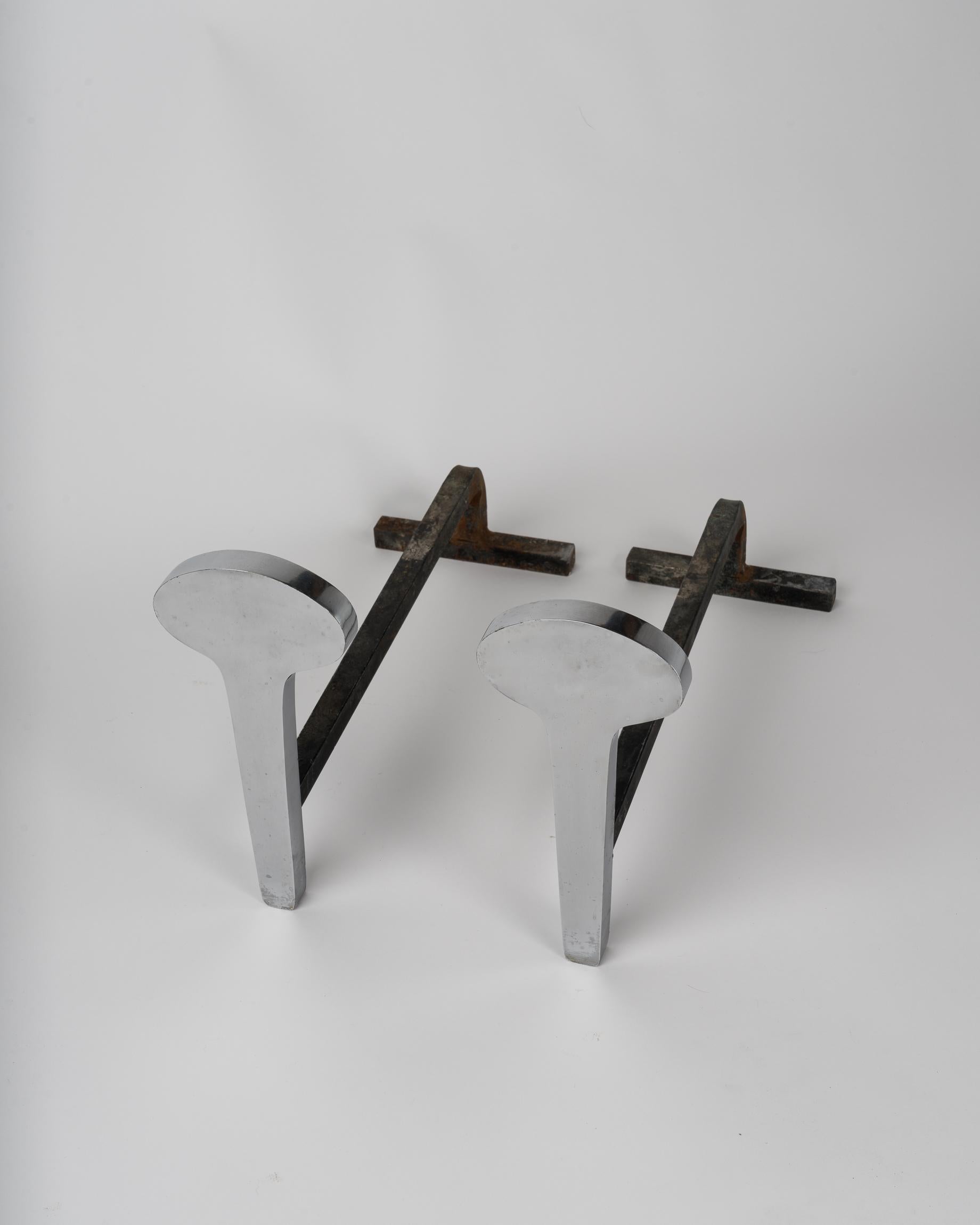 Drop Shaped Stainless Steel Andirons by Jean-Paul Créations, France, 1970s In Good Condition For Sale In New York, NY