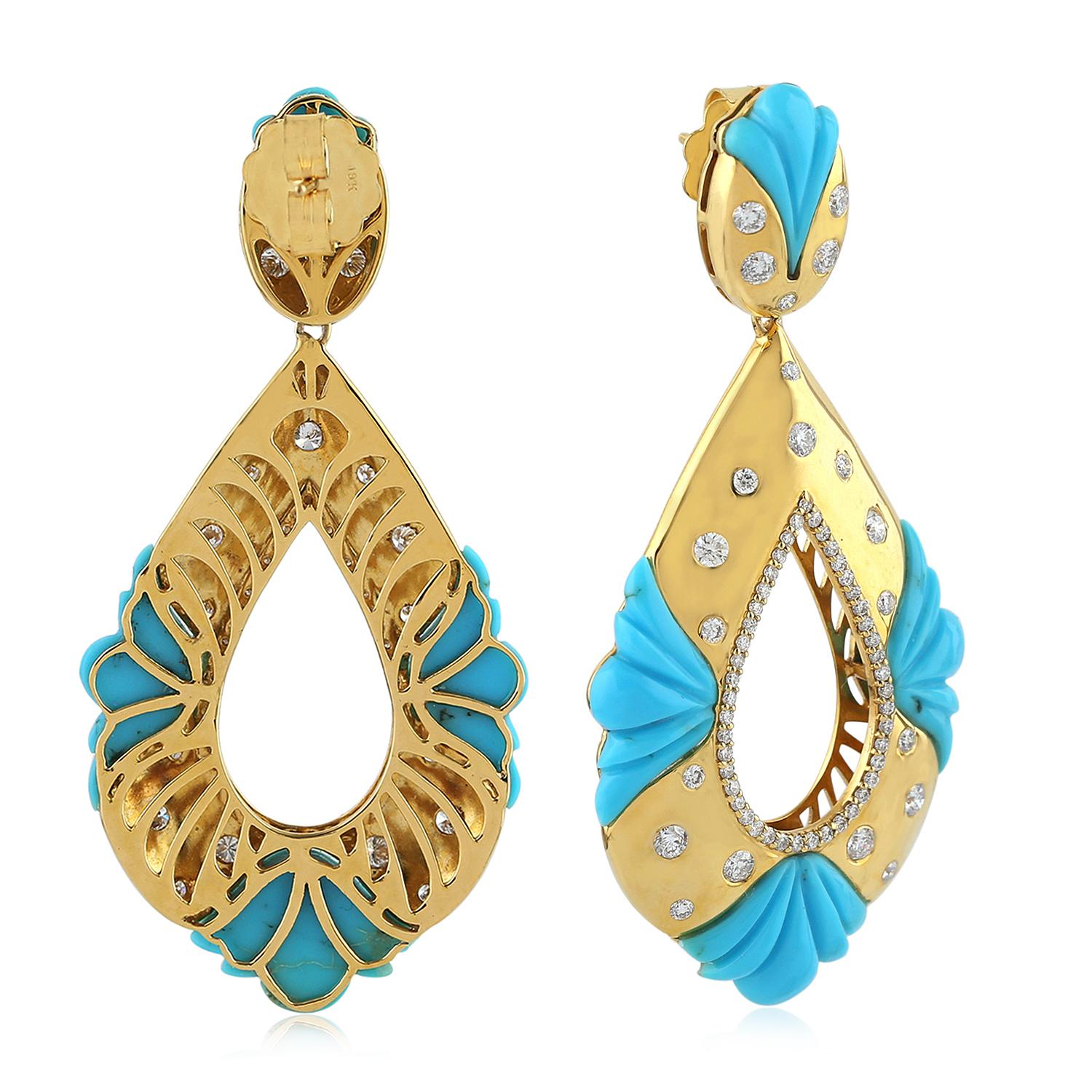 Art Deco Carved Turquoise & Flush Set Diamonds Drop Shaped Earring In 18k Yellow Gold For Sale