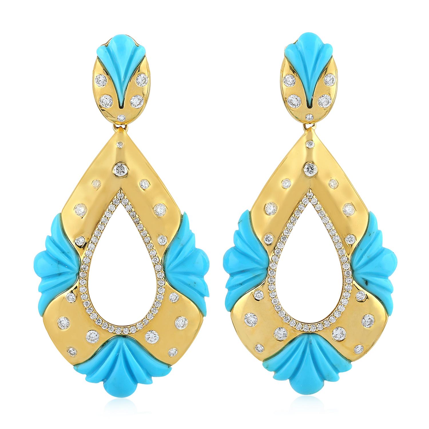 Mixed Cut Carved Turquoise & Flush Set Diamonds Drop Shaped Earring In 18k Yellow Gold For Sale