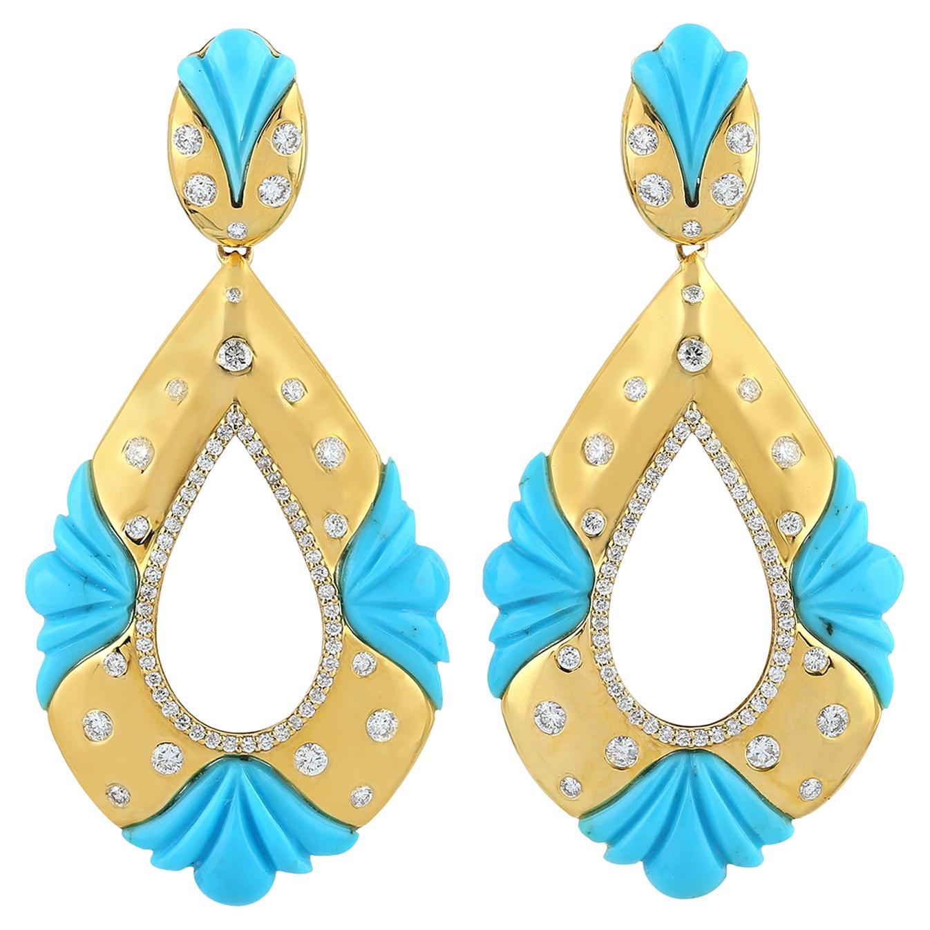 Carved Turquoise & Flush Set Diamonds Drop Shaped Earring In 18k Yellow Gold For Sale