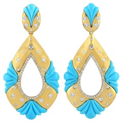 Carved Turquoise & Flush Set Diamonds Drop Shaped Earring In 18k Yellow Gold