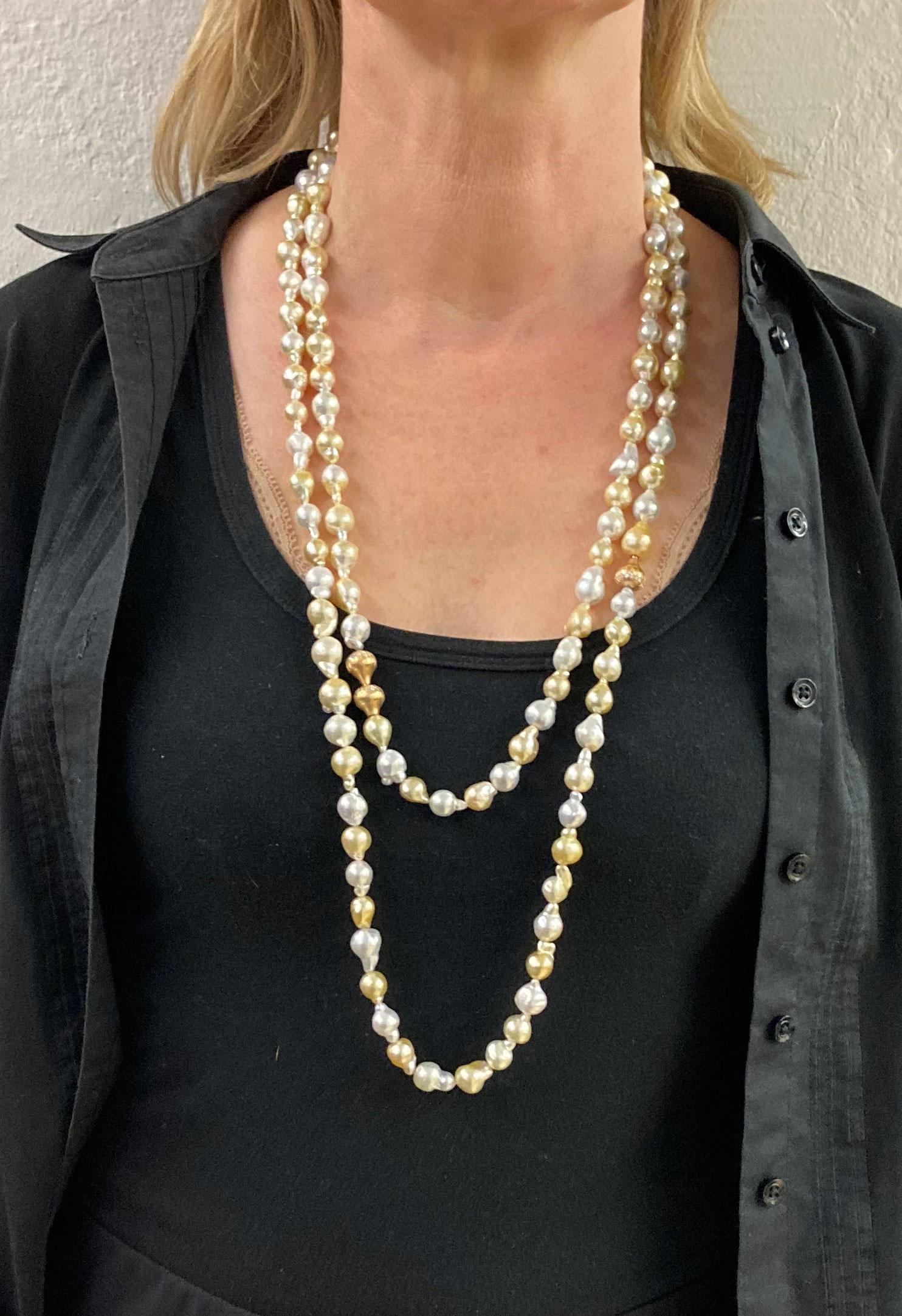 Contemporary Drop Southsea Pearl Sautoire with 3 Clasps in 18 Karat Rose Gold and Brilliants For Sale