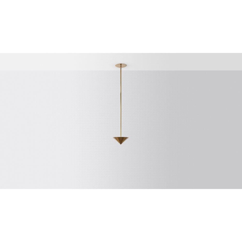 Drop Stack 1 by Volker Haug 
Pyramid Scheme series
Dimensions: Ø 21, D 21, H 40 cm
Support: 15 cm 
Suspension: minimum 40 cm
Material: Brass
Finishes: Polished, Brushed or Bronzed Brass; Enamel or Chrome Plated. 
Custom finishes available on