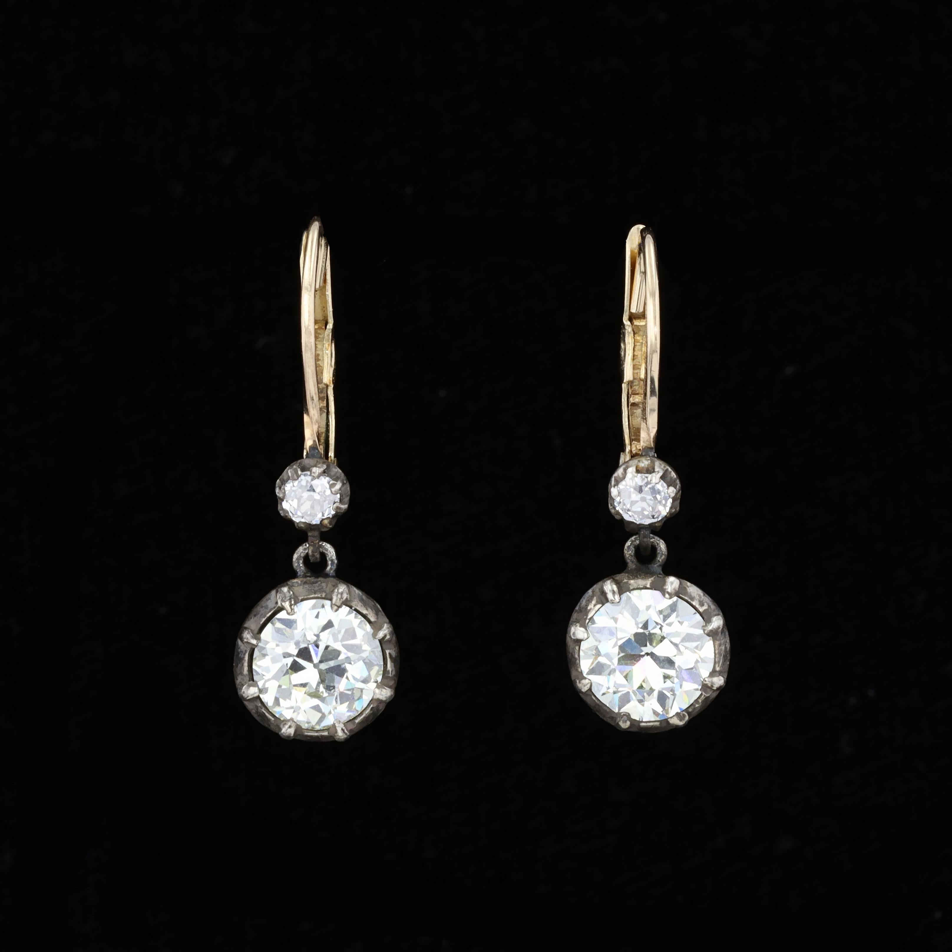 Drop Style Old Mine Cut Diamond Earrings In Excellent Condition In NEW ORLEANS, LA