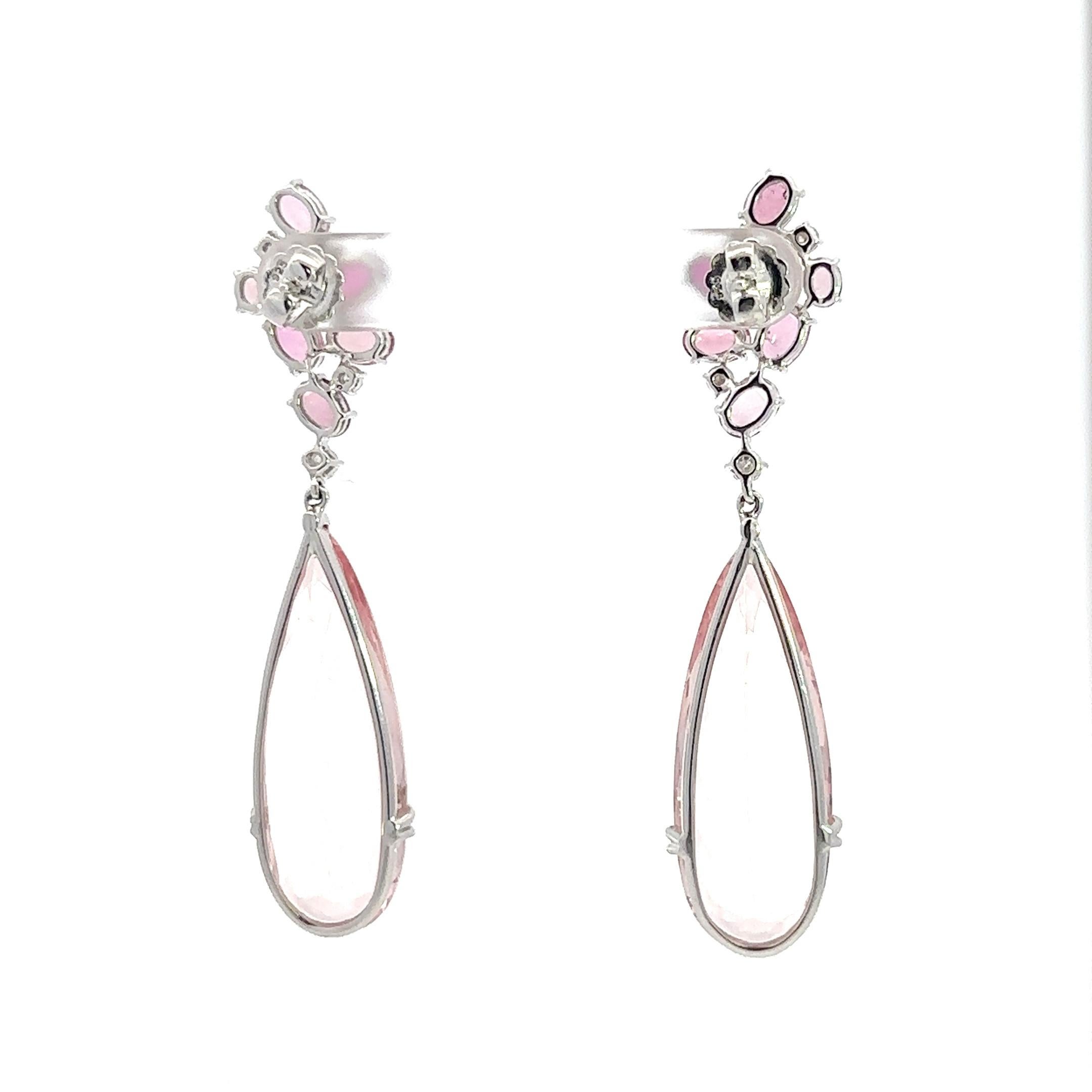 Drop Tourmaline Morganite Diamond 18K White Gold Exclusive Earrings For Sale 5