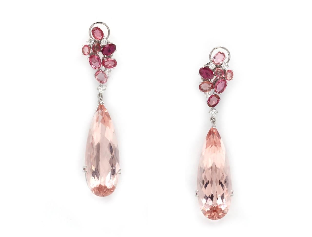 Round Cut Drop Tourmaline Morganite Diamond 18K White Gold Exclusive Earrings For Sale