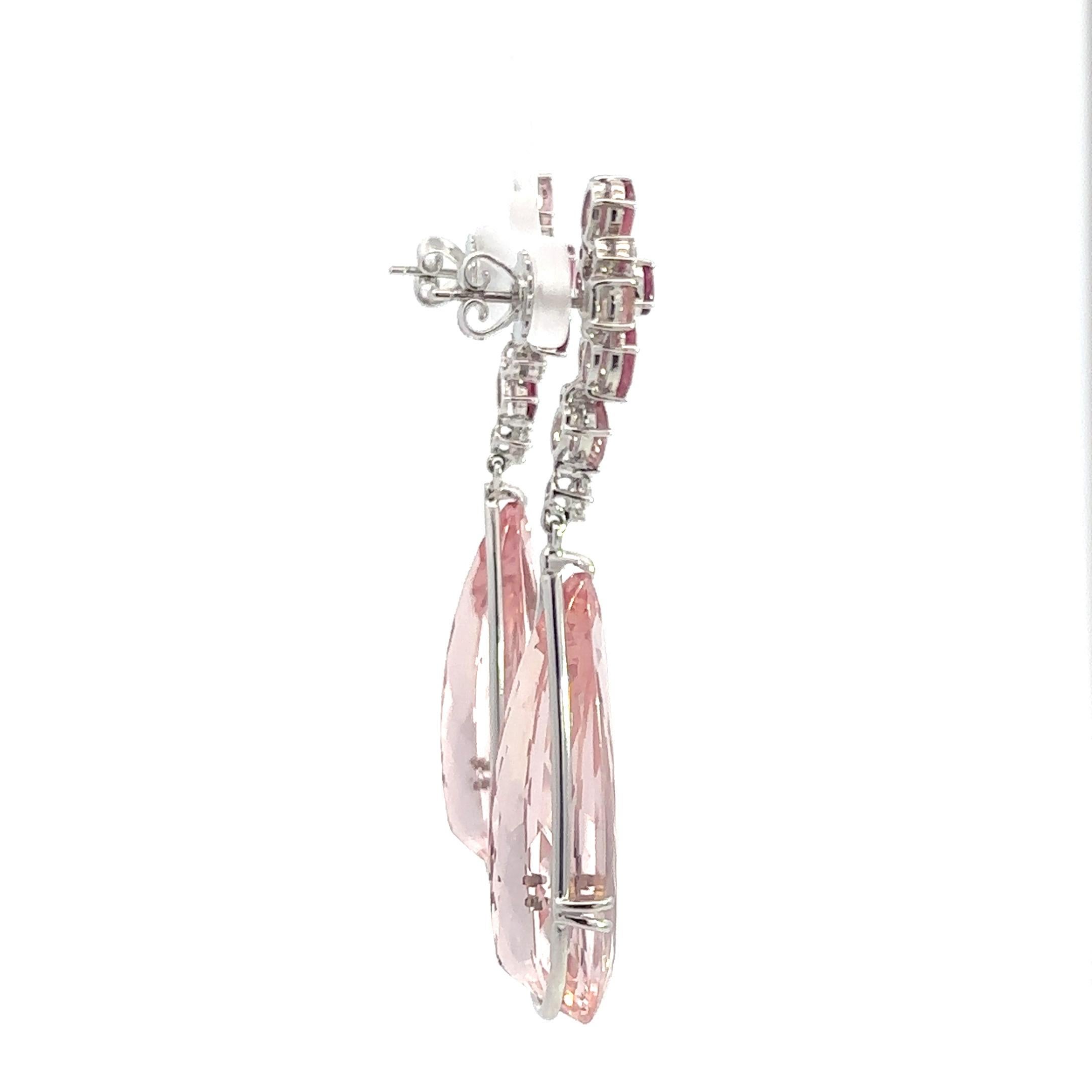 Drop Tourmaline Morganite Diamond 18K White Gold Exclusive Earrings For Sale 1