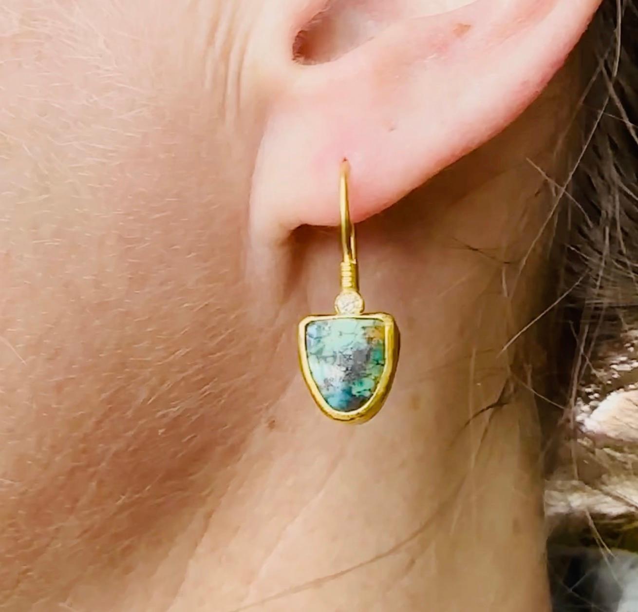 Artisan Drop Triangle 6.65ct Turquoise Earrings with Diamonds, 24kt Solid Gold For Sale