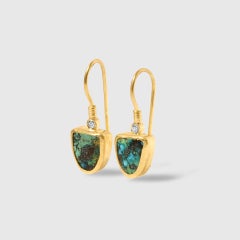 Drop Triangle 6.65ct Turquoise Earrings with Diamonds, 24kt Solid Gold