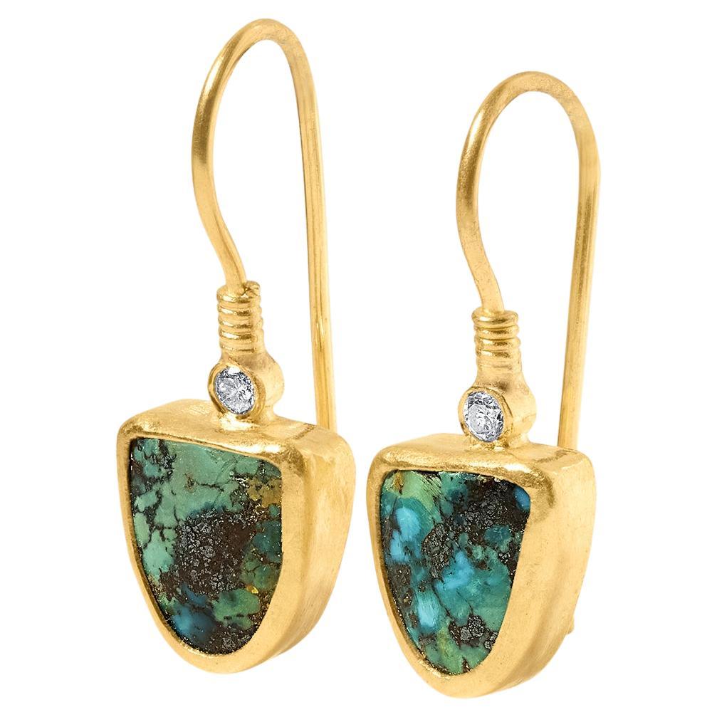 Drop Triangle 6.65ct Turquoise Earrings with Diamonds, 24kt Solid Gold For Sale