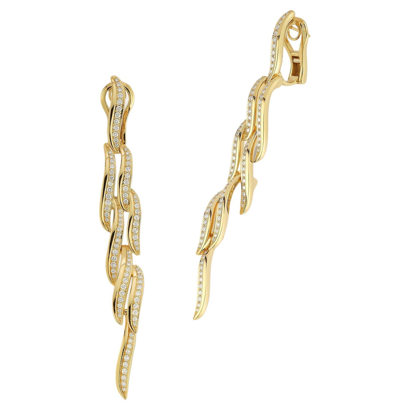 Drop Wave 18k Yellow Gold and Diamond Earrings For Sale