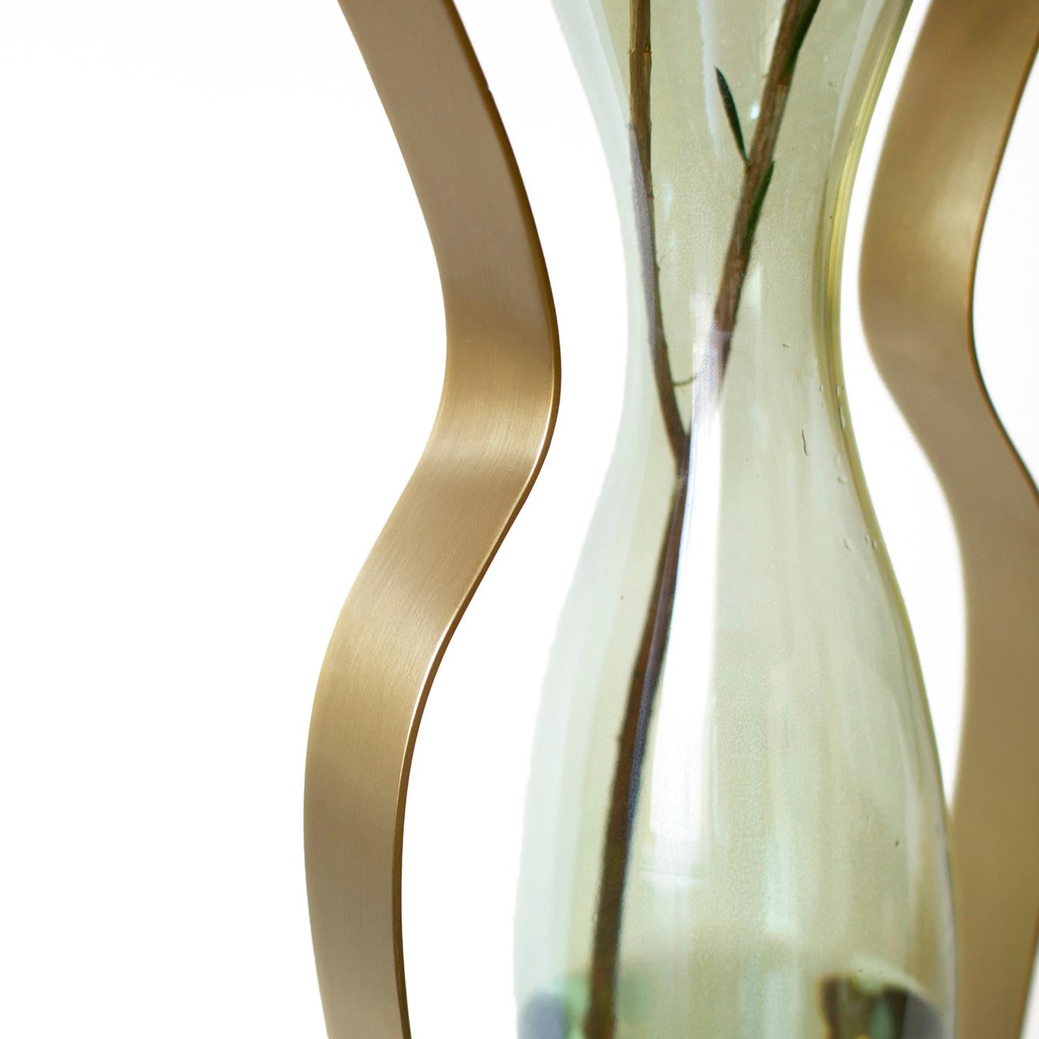 Stainless Steel Droplet Handblown Glass and Metal Vases Set of 2, Green, Blue and Gold For Sale