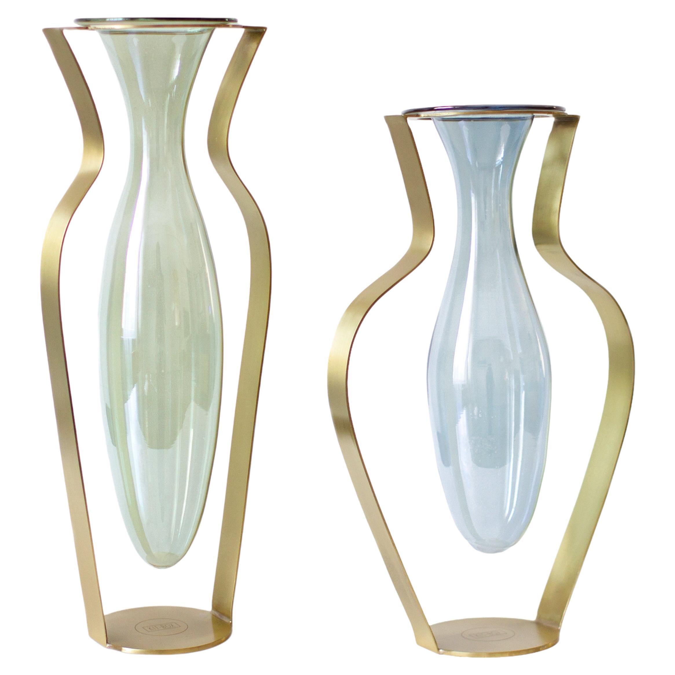 Droplet Handblown Glass and Metal Vases Set of 2, Green, Blue and Gold For Sale
