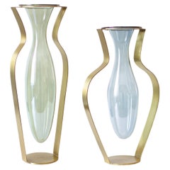 Droplet Handblown Glass and Metal Vases Set of 2, Green, Blue and Gold