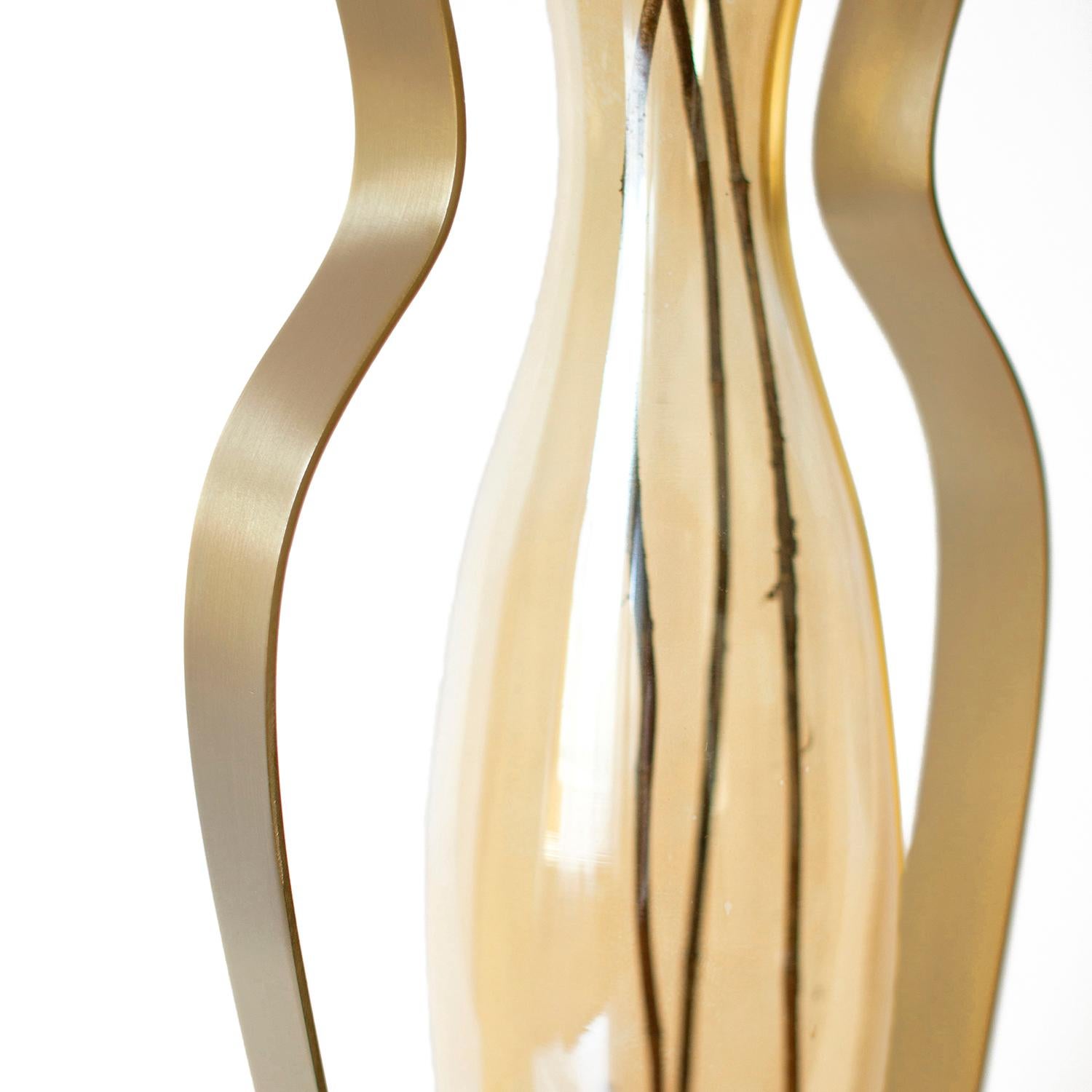Contemporary Droplet Handblown Glass and Metal Vases Set of 2, Orange, Green and Gold For Sale