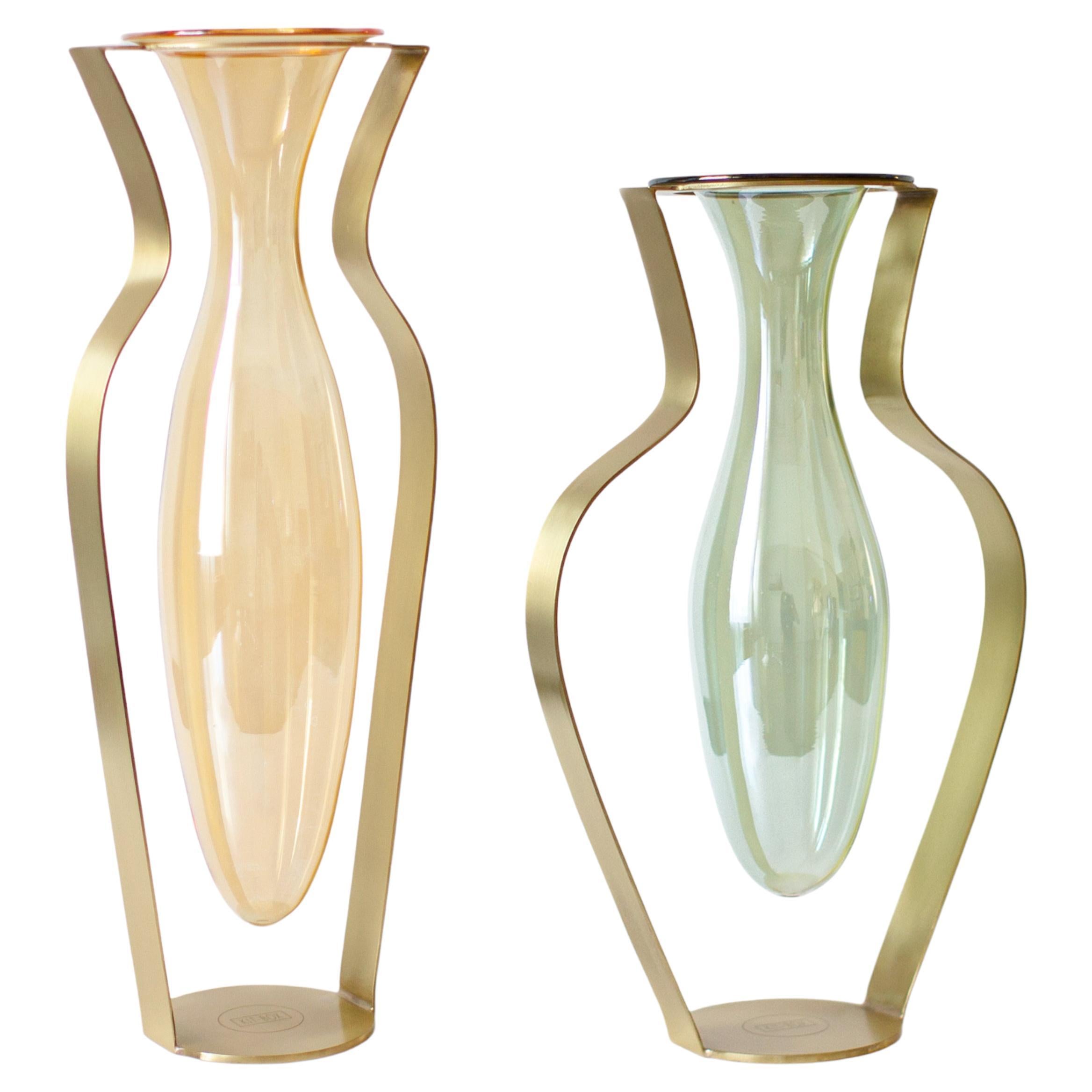 Droplet Handblown Glass and Metal Vases Set of 2, Orange, Green and Gold For Sale