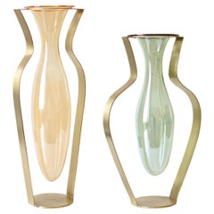 Droplet Handblown Glass and Metal Vases Set of 2, Orange, Green and Gold