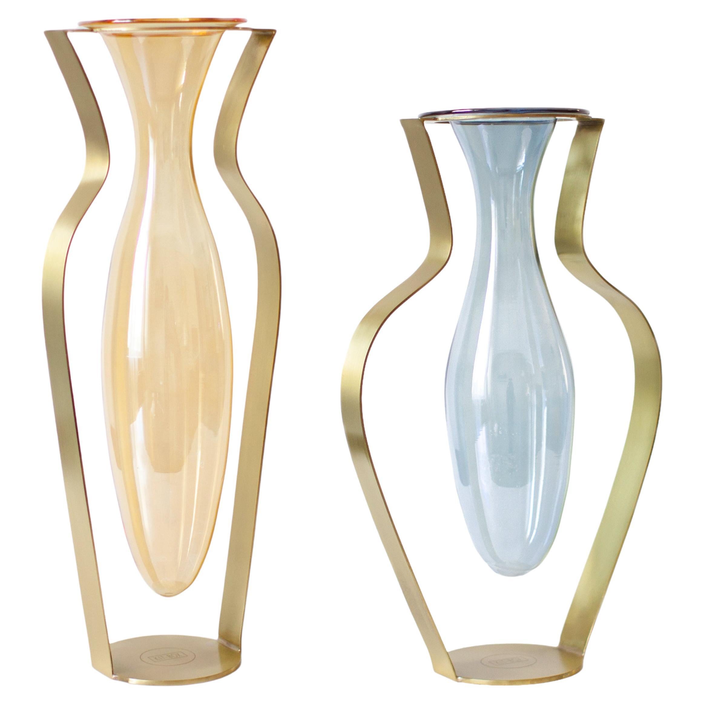 Droplet Handblown Glass and Metal Vases Set of 2, Orange, Blue and Gold For Sale