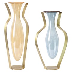 Vases en verre soufflé et métal Droplet, ensemble de 2, orange, bleu et or
