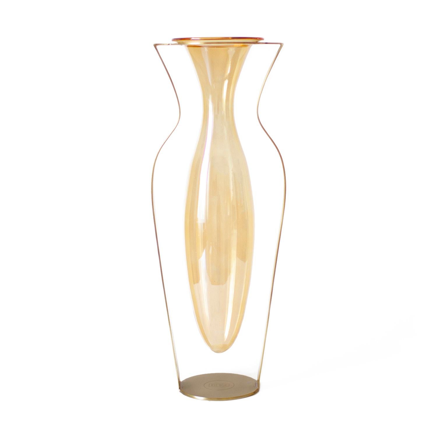 Turkish Droplet Tall Vase, Orange Glass & Gold Finish For Sale